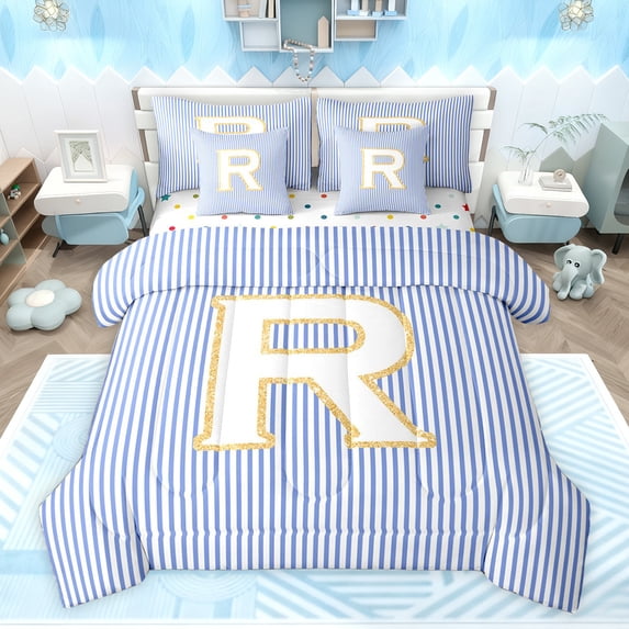 Feelyou Fashion Monogrammed R Bedding Comforter Set 7 Pieces for Girl, Modern Abstract Lines Full Bedding Set, Cute Cartoon Reversible Fitted Sheet Flat Sheet, Ultra Soft Bedroom Decor
