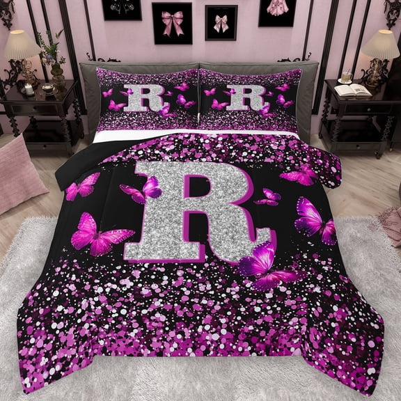 Feelyou Fashion Monogrammed R Bedding Comforter Set, Bling Butterfly Animal Twin Comforter Sets, Black Pink Sequin Print Reversible Bedding Set, Luxury Bedroom Decor, 2-Piece