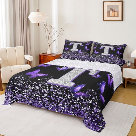 Feelyou Fashion Monogrammed T Twin Sheet Sets, Bling Butterfly Animal Twin Fitted Sheet, Black Purple Sequin Print Flat Sheet, Luxury Bedroom Decor, 3-Piece
