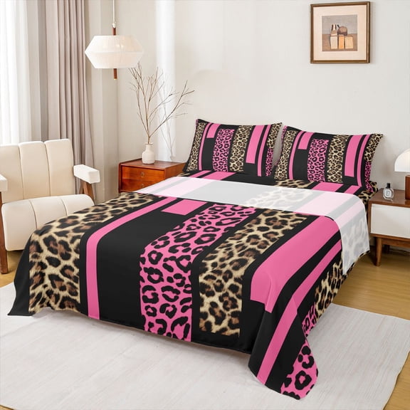 Feelyou Fashion Pink Abstract Bed Sheets, Cheetah Leopard Print King Sheets, Chic Polkadots Sheet Set, Lightweight Room Decor, 4 Pieces