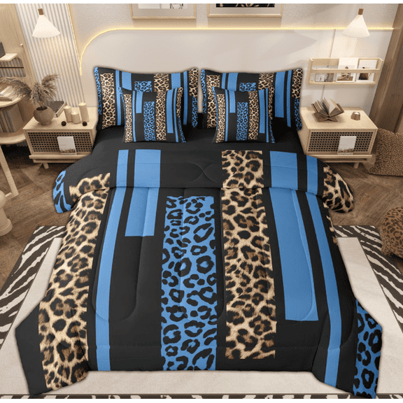 Feelyou Fashion Pink Abstract Bedding Comforter Set 7pcs, Cheetah Leopard Print King Bedding Sets, Chic Polkadots Reversible Bed Sheets, Breathable Home Decor