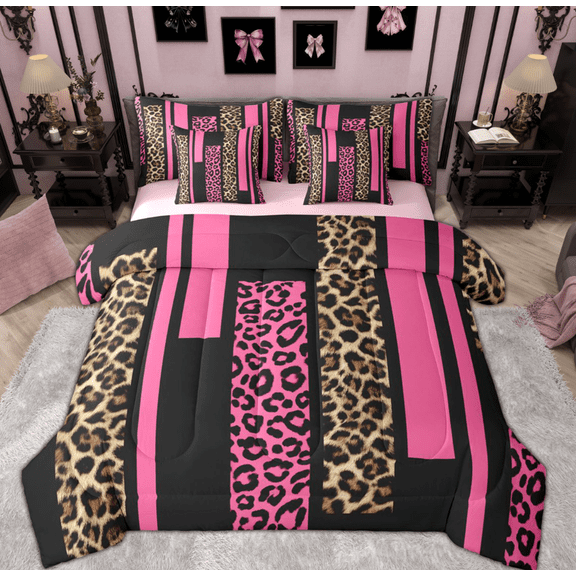 Feelyou Fashion Pink Abstract Bedding Comforter Set 7pcs, Cheetah Leopard Print Queen Bedding Sets, Chic Polkadots Reversible Queen Sheet Sets, Lightweight Room Decor