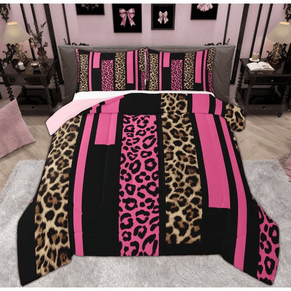 Feelyou Fashion Pink Abstract Bedding Comforter Set, Cheetah Leopard Print Twin Comforter Sets, Chic Polkadots Reversible Bedding Set, Lightweight Room Decor, 2 Pieces