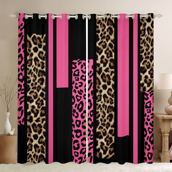 Feelyou Fashion Pink Abstract Blackout Curtains Set of 2 (52x84 Each), Cheetah Leopard Print Window Curtains, Chic Polkadots Curtains and Drapes, Blackout Curtains Room Decor