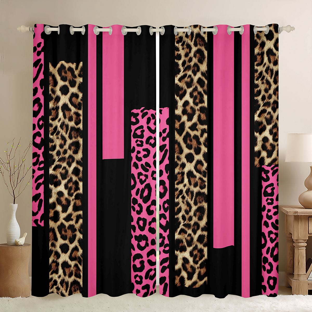 Feelyou Fashion Pink Abstract Curtains Pack of 2 (42x84 Each), Cheetah Leopard Print Curtains Blackout, Chic Polkadots Bedroom Curtains, Blackout Curtains Room Decor