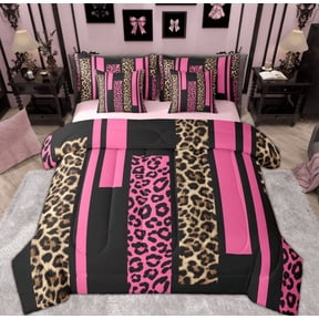Feelyou Fashion Pink Abstract Twin Bedding Sets 7-Piece, Cheetah Leopard Print Bedding Comforter Set, Chic Polkadots Reversible Sheet Sets, Lightweight Room Decor