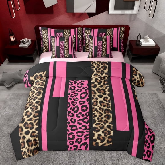 Feelyou Fashion Pink Abstract Twin Bedding Sets 7-Piece, Cheetah Leopard Print Bedding Comforter Set, Chic Polkadots Reversible Sheet Sets, Lightweight Room Decor