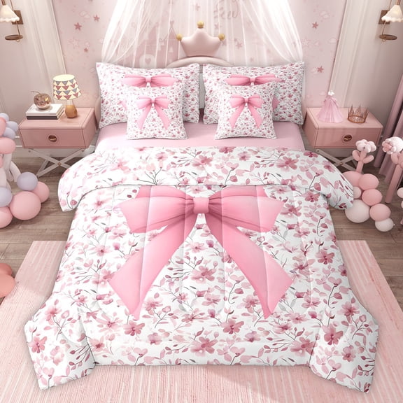 Feelyou Fashion Pink Bowknot Bedding Comforter Set 7 Pieces for Girl, Spring Flower Floral Full Bedding Set, Bohemian Style Reversible Fitted Sheet Flat Sheet, Breathable Home Decor
