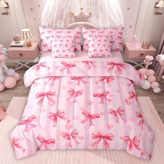 Feelyou Fashion Pink Bowknot Bedding Comforter Set 7 Pieces, Love Heart Flower Full Bedding Set, Teens Kids Girls Women Reversible Fitted Sheet Flat Sheet, Breathable Home Decor