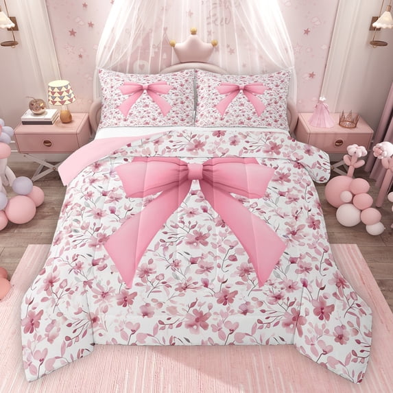 Feelyou Fashion Pink Bowknot Bedding Comforter Set for Girl, Spring Flower Floral Twin Comforter Sets, Bohemian Style Reversible Bedding Set, Breathable Home Decor, 2-Piece