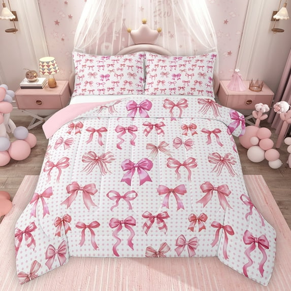 Feelyou Fashion Pink Bowknot Queen Comforter Set, Kawaii Bow-tie Butterfly Bedding Sets, Teens Kids Girls Women Reversible Bedding Comforter Set, Microfiber Bedroom Decor, 3-Piece
