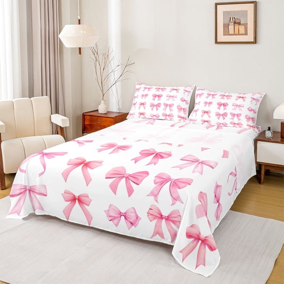 Feelyou Fashion Pink Bowknot Twin Sheet Sets, Bow-tie Butterfly Knot Twin Fitted Sheet, Teens Kids Girls Women Flat Sheet, Ultra Soft Bedroom Decor, 3 Pieces
