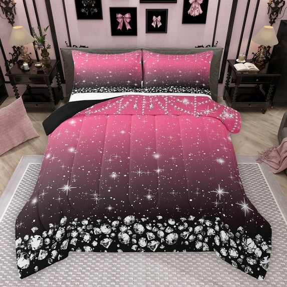 Feelyou Fashion Pink Diamond Bedding Comforter Set, Bling Stars Print Twin Comforter Sets, Teens Kids Women Girls Reversible Bedding Set, Breathable Home Decor, 2 Pieces