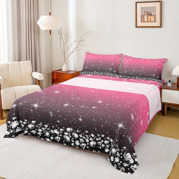Feelyou Fashion Pink Diamond Queen Sheet Sets, Bling Stars Print Flat Sheet, Teens Kids Women Girls Queen Fitted Sheet, Breathable Home Decor, 4 Pieces