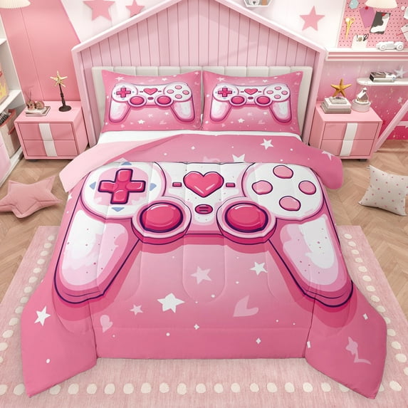 Feelyou Fashion Pink Gamepad Bedding Comforter Set, Romantic Love Heart Twin Comforter Sets, Cartoon Stars Print Reversible Bedding Set, Super Cozy Room Decor, 2 Pieces