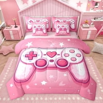 Feelyou Fashion Pink Gamepad Twin Bedding Sets 7-Piece, Romantic Love Heart Bedding Comforter Set, Cartoon Stars Print Reversible Sheet Sets, Super Cozy Room Decor