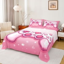 Feelyou Fashion Pink Gamepad Twin Sheet Sets, Romantic Love Heart Twin Fitted Sheet, Cartoon Stars Print Flat Sheet, Super Cozy Room Decor, 3 Pieces