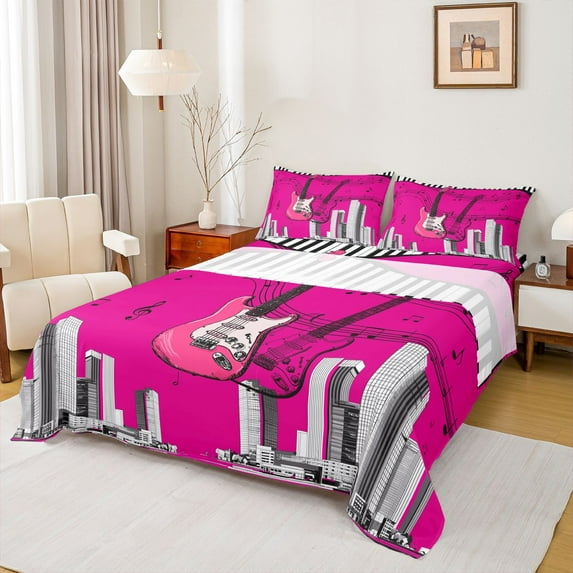 Feelyou Fashion Pink Guitar Twin Sheet Sets, Piano Musical Note Bedding, 3-Piece