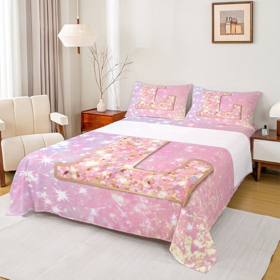 Feelyou Fashion Pink Letter Bed Sheets for Teen, Cartoon Monogrammed L King Sheets, Kawaii Mermaid Princess Sheet Set, Microfiber Bedroom Decor, 4-Piece