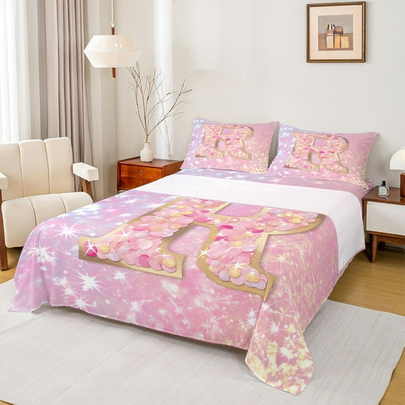 Feelyou Fashion Pink Letter Twin Sheet Sets for Teen, Cartoon Monogrammed R Twin Fitted Sheet, Kawaii Mermaid Princess Flat Sheet, Microfiber Bedroom Decor, 3-Piece