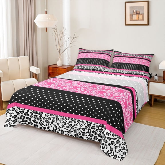 Feelyou Fashion Pink Paisley Queen Sheet Sets, Western Vintage Damask Flat Sheet, Chic Cheetah Print Queen Fitted Sheet, Luxury Bedroom Decor, 4-Piece