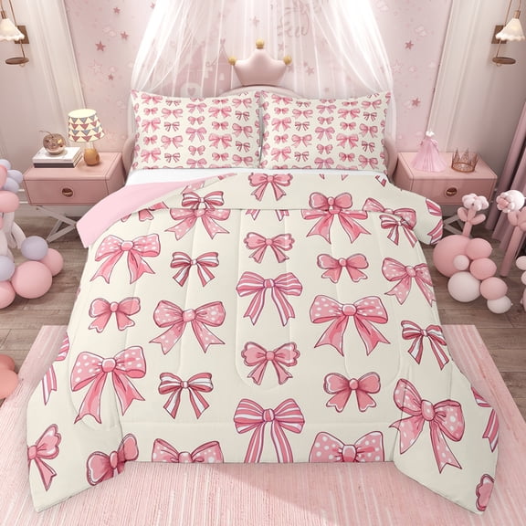 Feelyou Fashion Pink Ribbon Bedding Comforter Set for Kids, Polkadots Bowknot Twin Comforter Sets, Kawaii Bow-tie Bow Reversible Bedding Set, Lightweight Room Decor, 2pcs