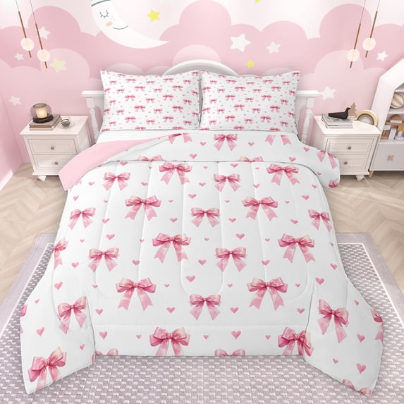 Feelyou Fashion Pink Ribbon Full Size Comforter Sets for Teens, Cartoon Love Heart Bedding Comforter Set, Kawaii Cartoon Bow Reversible Bedding Sets, Microfiber Bedroom Decor, 3-Piece