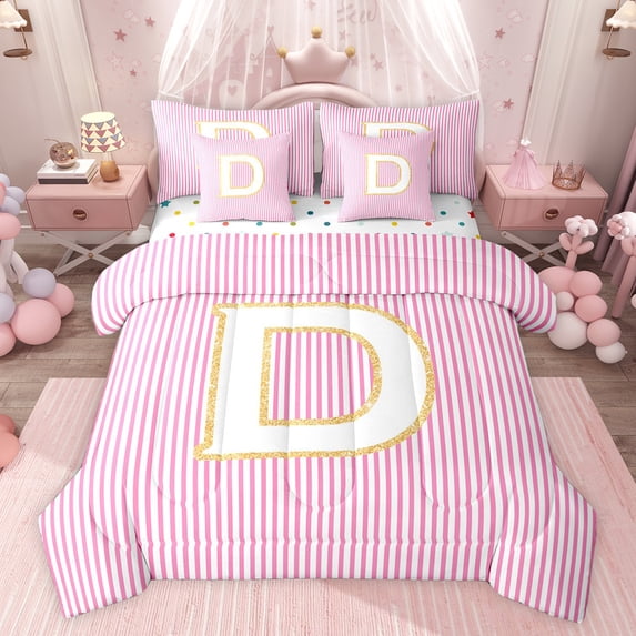 Feelyou Fashion Pink Stripes Bedding Comforter Set 7 Pieces for Teen, Initial D Letter Full Bedding Set, Cute Princess Cartoon Reversible Fitted Sheet Flat Sheet, Lightweight Room Decor