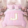 thumbnail image 1 of Feelyou Fashion Pink Stripes Bedding Comforter Set 7pcs for Teen, Initial J Letter King Bedding Sets, Cute Princess Cartoon Reversible Bed Sheets, Lightweight Room Decor, 1 of 8