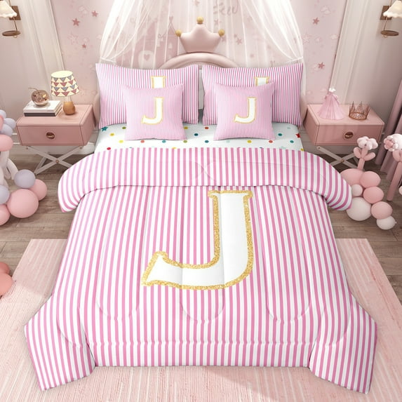 Feelyou Fashion Pink Stripes Bedding Comforter Set 7pcs for Teen, Initial J Letter King Bedding Sets, Cute Princess Cartoon Reversible Bed Sheets, Lightweight Room Decor