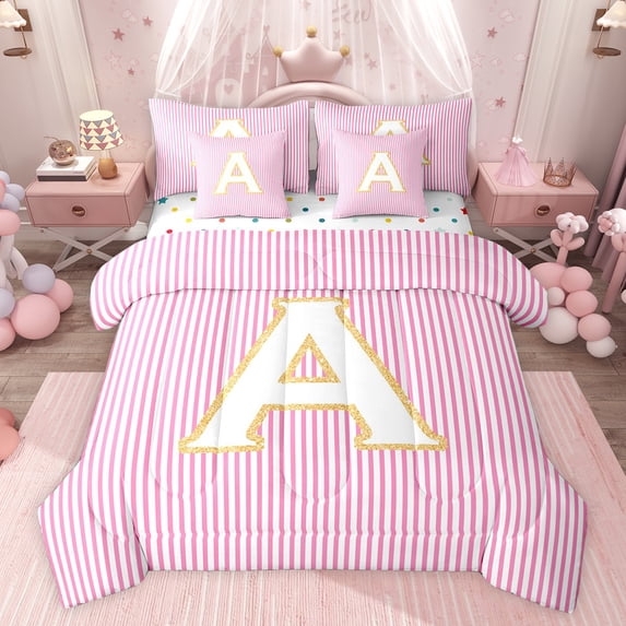Feelyou Fashion Pink Stripes Bedding Comforter Set 7pcs for Teen, Initial A Letter King Bedding Sets, Cute Princess Cartoon Reversible Bed Sheets, Breathable Home Decor