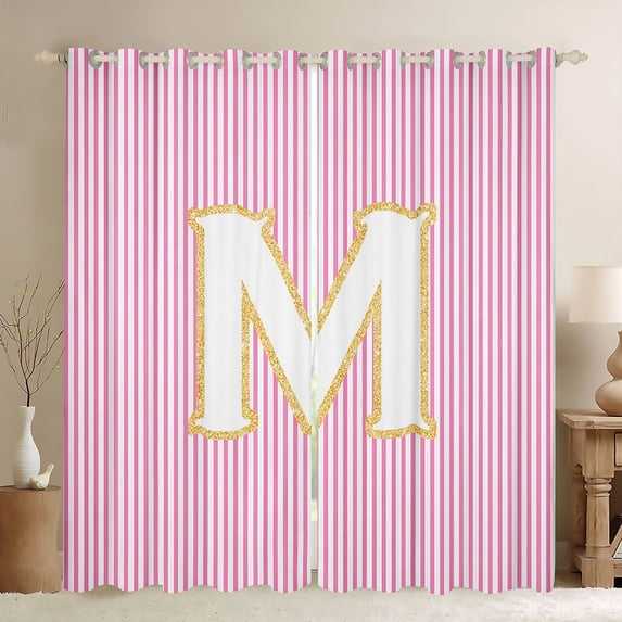 Feelyou Fashion Pink Stripes Black Out Curtains for Teen, Initial M Letter Curtains Pack of 2 (42x63 Each), Cute Princess Cartoon Bedroom Curtains, Window Curtains Home Decor