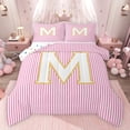 thumbnail image 1 of Feelyou Fashion Pink Stripes Queen Comforter Set for Teen, Initial M Letter Bedding Sets, Cute Princess Cartoon Reversible Bedding Comforter Set, Breathable Home Decor, 3pcs, 1 of 8