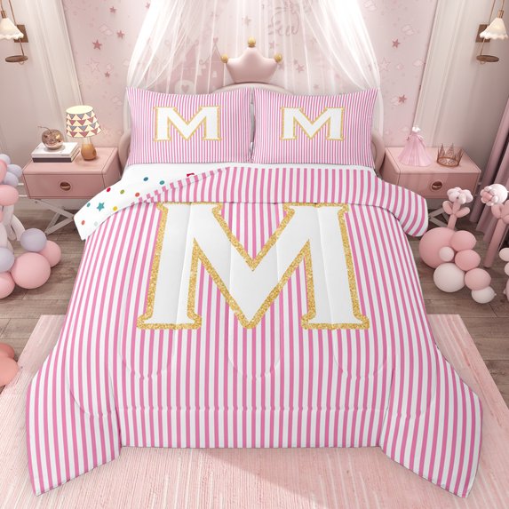 Feelyou Fashion Pink Stripes Queen Comforter Set for Teen, Initial M Letter Bedding Sets, Cute Princess Cartoon Reversible Bedding Comforter Set, Breathable Home Decor, 3pcs