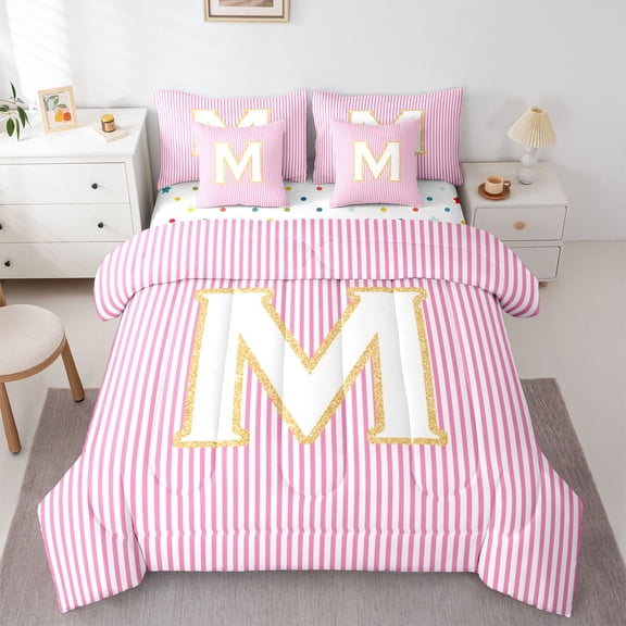 Feelyou Fashion Pink Stripes Twin Bedding Sets 7-Piece for Teen, Initial M Letter Bedding Comforter Set, Cute Princess Cartoon Reversible Sheet Sets, Breathable Home Decor