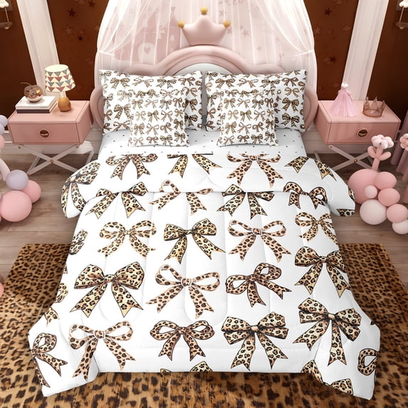 Feelyou Fashion Polkadot Bow Comforter Set 7pcs, Cheetah Leopard Print King Bedding Sets