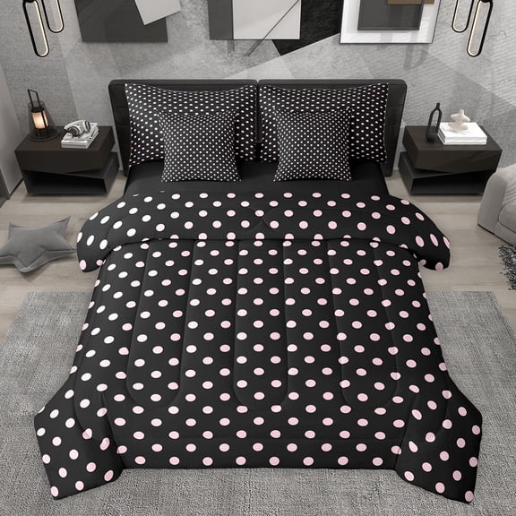 Feelyou Fashion Polkadots Teen Bedding Comforter Set 7pcs, Black Pink Queen Bedding Sets