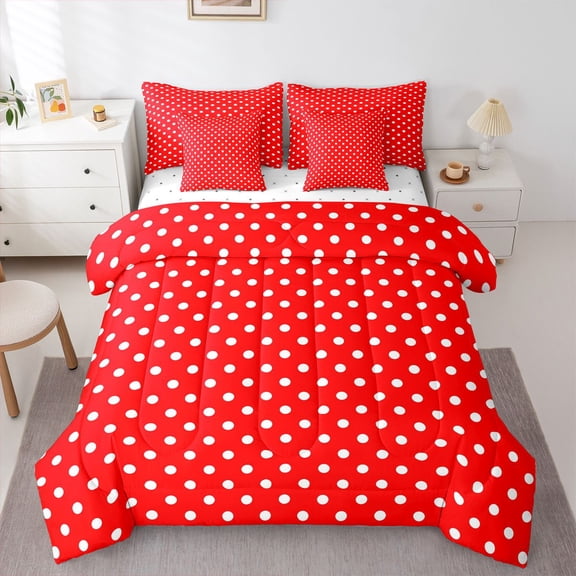 Feelyou Fashion Polkadots Teen Bedding Comforter Set 7pcs, Red Abstract King Bedding Sets