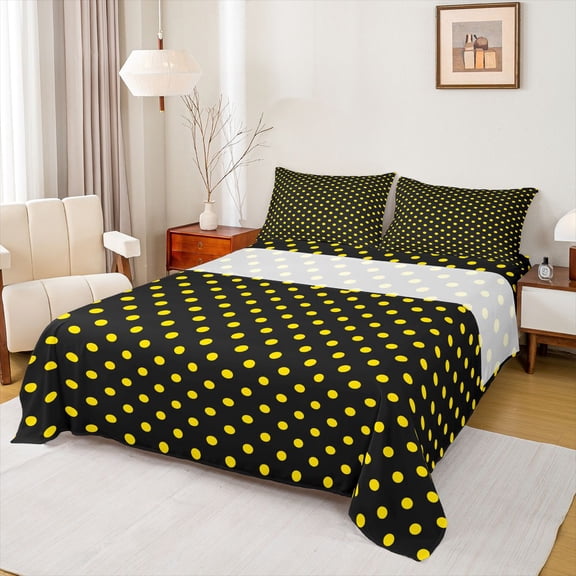 Feelyou Fashion Polkadots Teen Twin Sheet Sets, Black Yellow Abstract Bedding, 3pcs