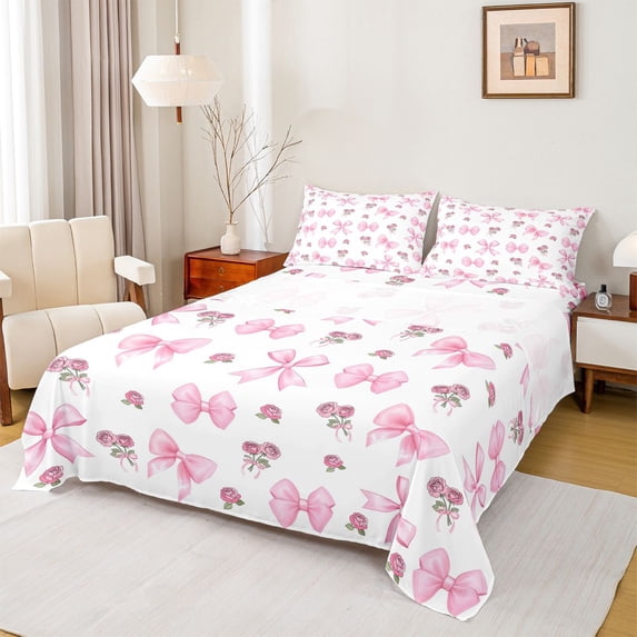 Feelyou Fashion Princess Bow Bed Sheets, Rustic Rose Flower King Sheets, 4 Pieces