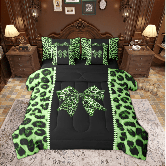 Feelyou Fashion Princess Bow Bedding Comforter Set 7pcs, Leopard Cheetah Print King Bedding Sets, Green Dreamy Bowknot Reversible Bed Sheets, Microfiber Bedroom Decor