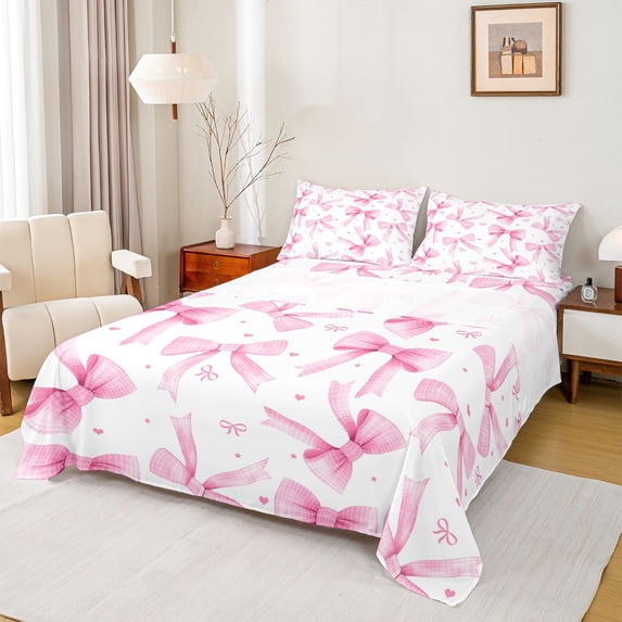 Feelyou Fashion Princess Bow Full Size Sheets, Watercolor Bowknot Bed Sheets, 4-Piece