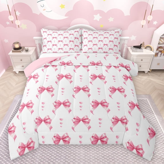 Feelyou Fashion Princess Bow Queen Comforter Set for Child, Kawaii Bowknot Pink Bedding Sets, Fairy Tale Princess Reversible Bedding Comforter Set, Ultra Soft Bedroom Decor, 3 Pieces