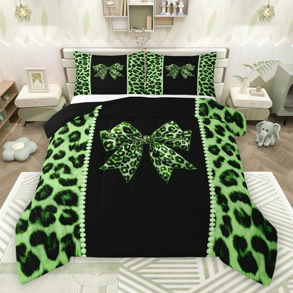 Feelyou Fashion Princess Bow Queen Comforter Set, Leopard Cheetah Print Bedding Sets, Green Dreamy Bowknot Reversible Bedding Comforter Set, Microfiber Bedroom Decor, 3-Piece