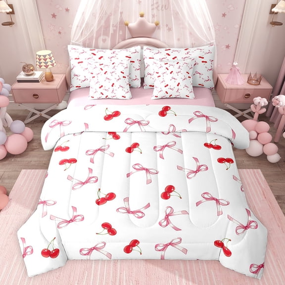 Feelyou Fashion Princess Bow Twin Bedding Sets 7-Piece, Kawaii Bowknot Cherry Bedding Comforter Set, Teens Kids Girls Women Reversible Sheet Sets, Luxury Bedroom Decor