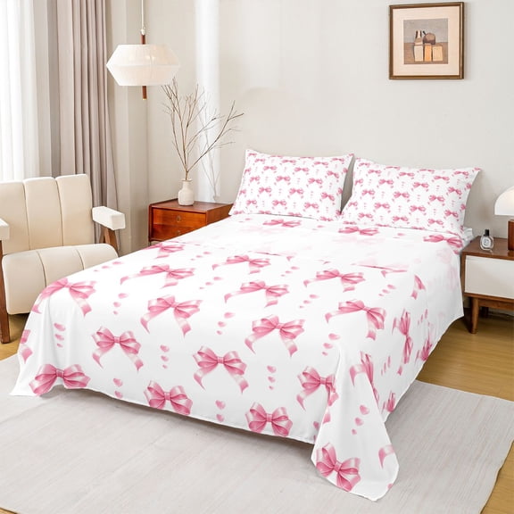Feelyou Fashion Princess Bow Twin Sheet Sets for Child, Kawaii Bowknot Pink Twin Fitted Sheet, Fairy Tale Princess Flat Sheet, Ultra Soft Bedroom Decor, 3 Pieces