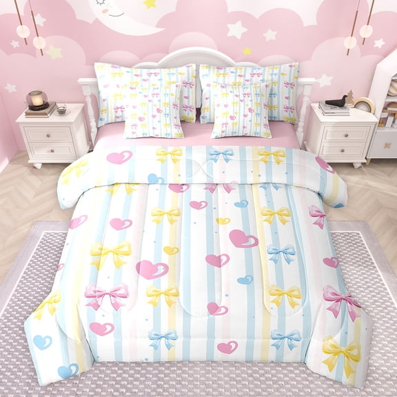 Feelyou Fashion Princess Bowknot Twin Bedding Sets 7-Piece for Kids, Chic Stripes Abstract Bedding Comforter Set, Cartoon Love Heart Reversible Sheet Sets, Lightweight Room Decor