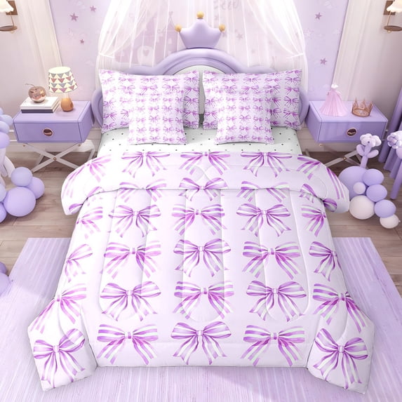Feelyou Fashion Purple Bow Bedding Comforter Set 7pcs, Cartoon Ribbon King Bedding Sets