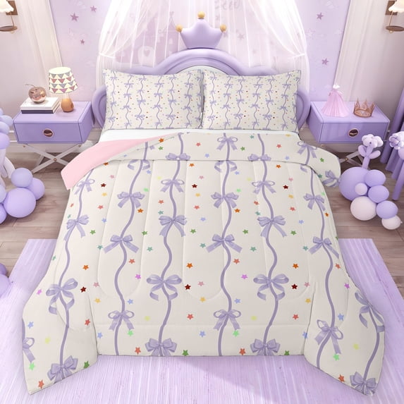 Feelyou Fashion Purple Bow Queen Comforter Set, Cute Ribbon Bedding Comforter Set, 3pcs