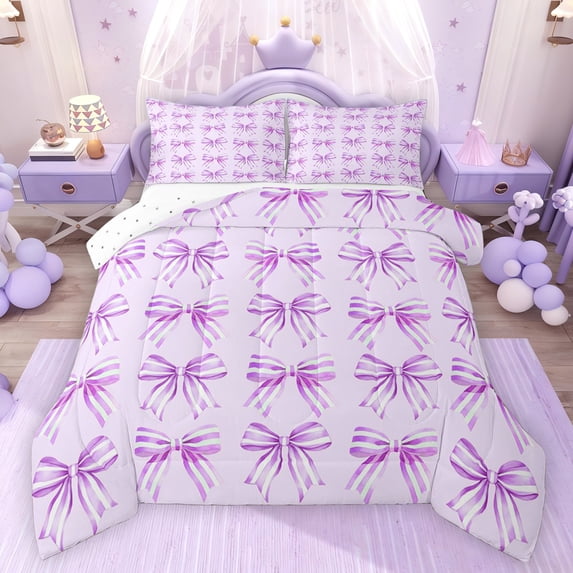 Feelyou Fashion Purple Bow Twin Comforter Sets, Dreamy Cartoon Ribbon Bedding Set, 2pcs